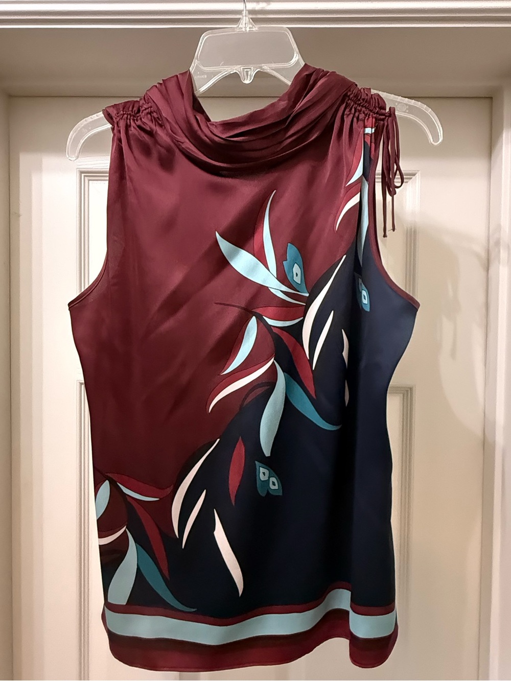 WHBM Sleeveless Floral Satin Top in Burgundy and Navy